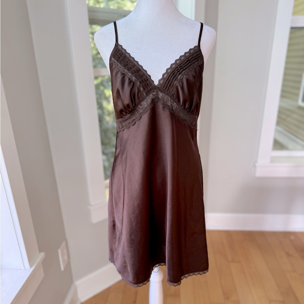 Vintage 90s Secret Treasures Chocolate Brown Satin Lace Slip Dress Size Medium